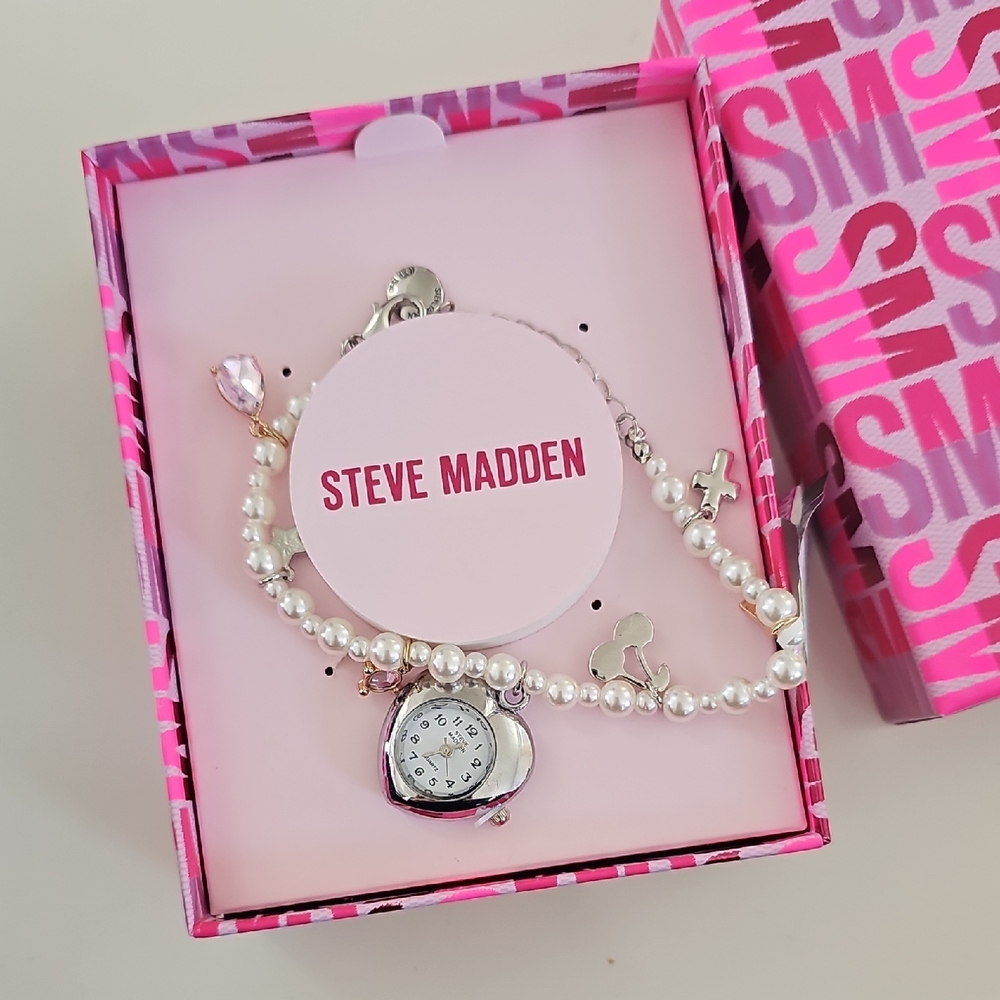 Steve Madden Pearl and Silver Charm Bracelet Watch Nwt